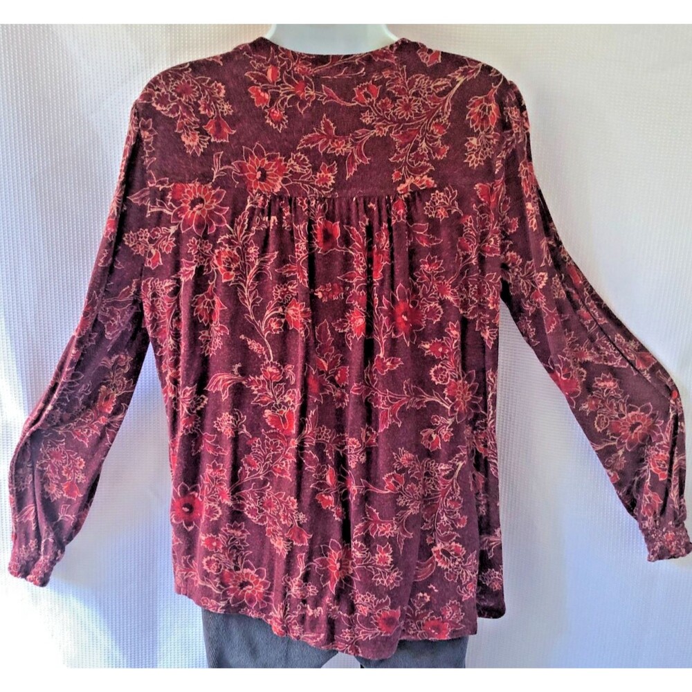 Knox Rose Women's L Knit V-Neck Button Up Top Burgundy Floral Boho - Picture 5 of 14